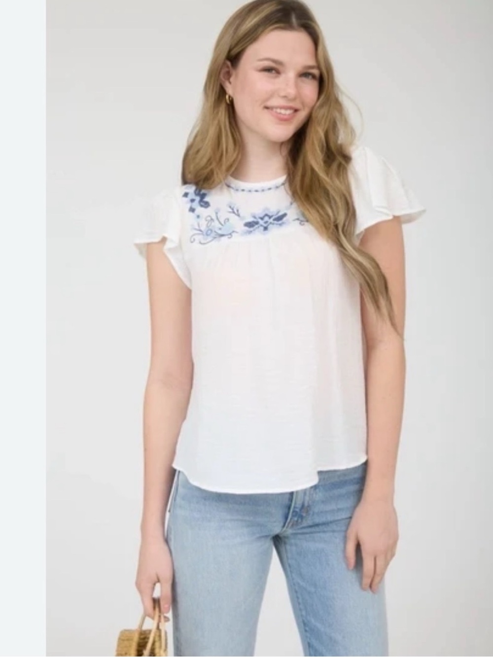 Lightweight White Embroidered Flutter Sleeve Top